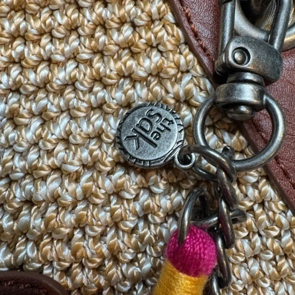 The Sak‎ Crochet Crossbody Bag Tan Brown Leather Trim Tassel Charm